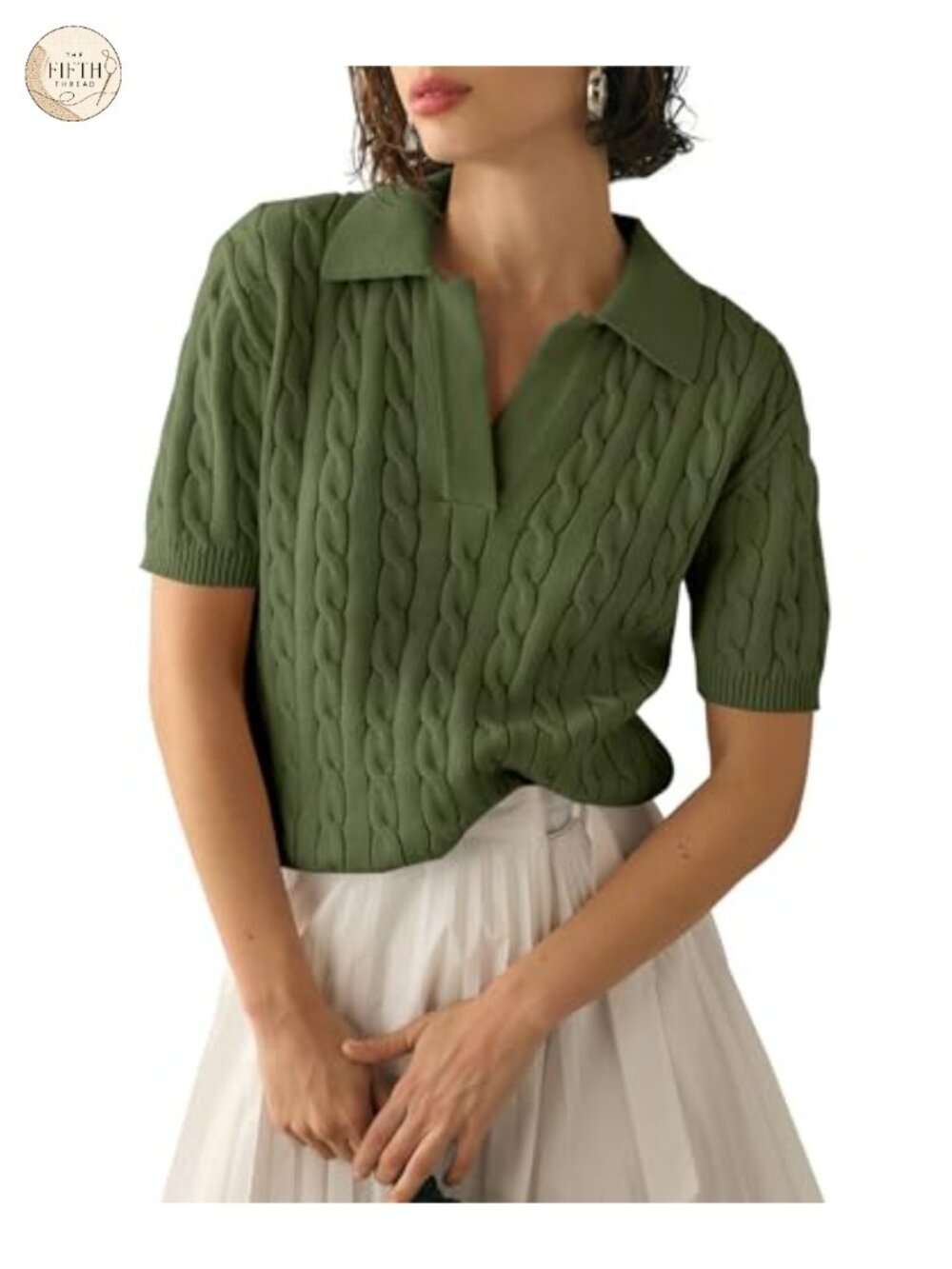 Women's Cable Knit Short Sleeve Sweater V Neck Collared Pullover Top